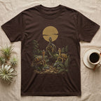 Box Turtle Pack T-Shirt in Dark Chocolate — Painted 90s wildlife-style art of three eastern box turtles on a mossy log howling at a golden moon in an oak forest, on black