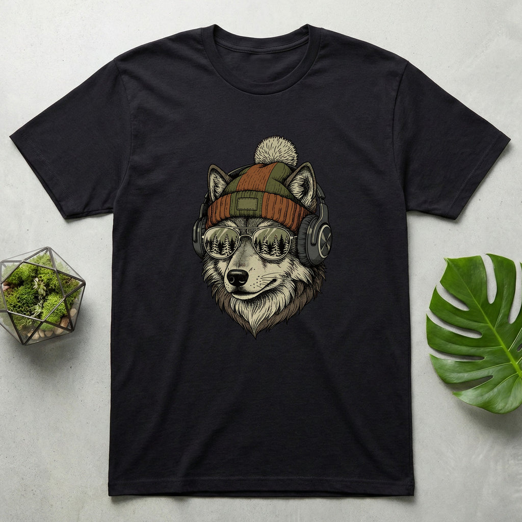 Cool Wolf Wearing Beanie and Headphones T-shirt