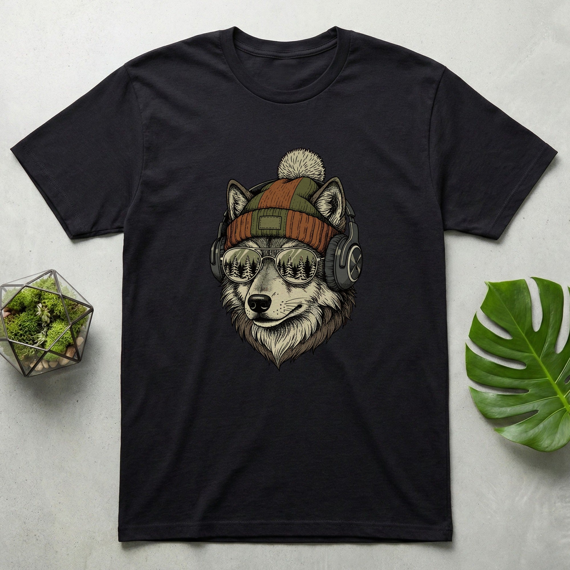 Cool Wolf Wearing Beanie and Headphones T-shirt