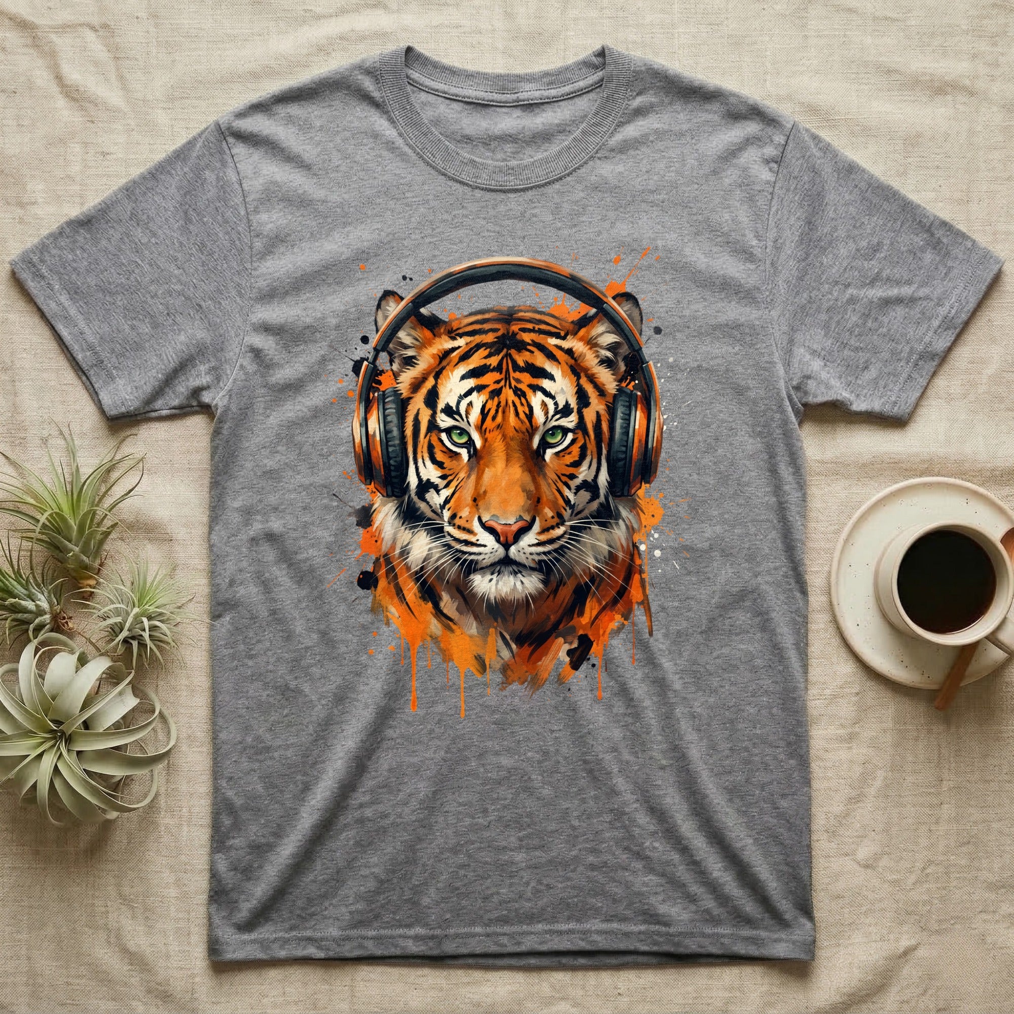 Grey t-shirt with a watercolor-style tiger wearing headphones.