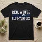 Blue-Tongued Skink 1776 T-Shirt in Black — Navy and white blue-tongued skink with tongue out between collegiate text reading Red, White and US Blue-Tongued.