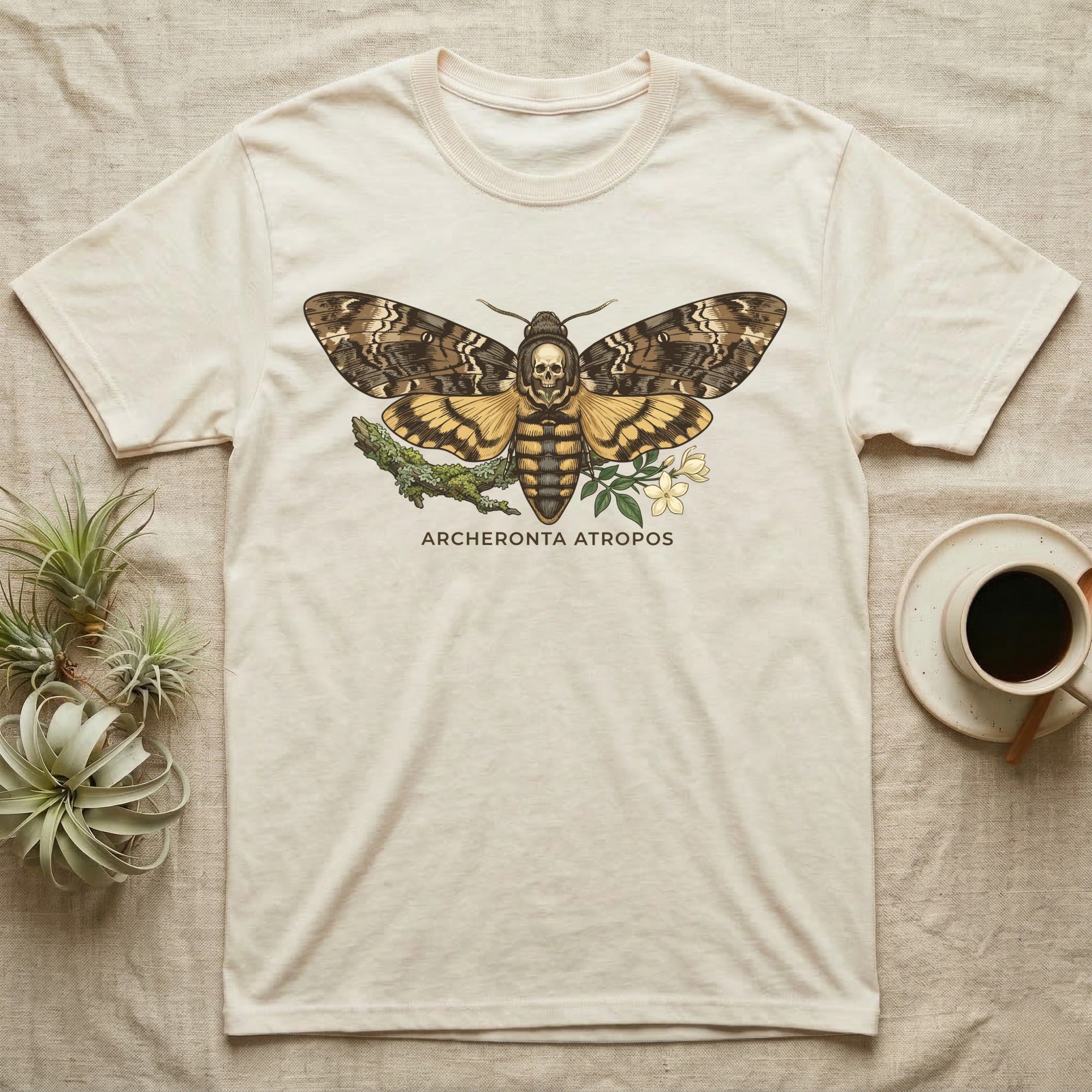 Cream t-shirt with a large Death's-head hawkmoth graphic and the text "ARCHERONTA ATROPOS".