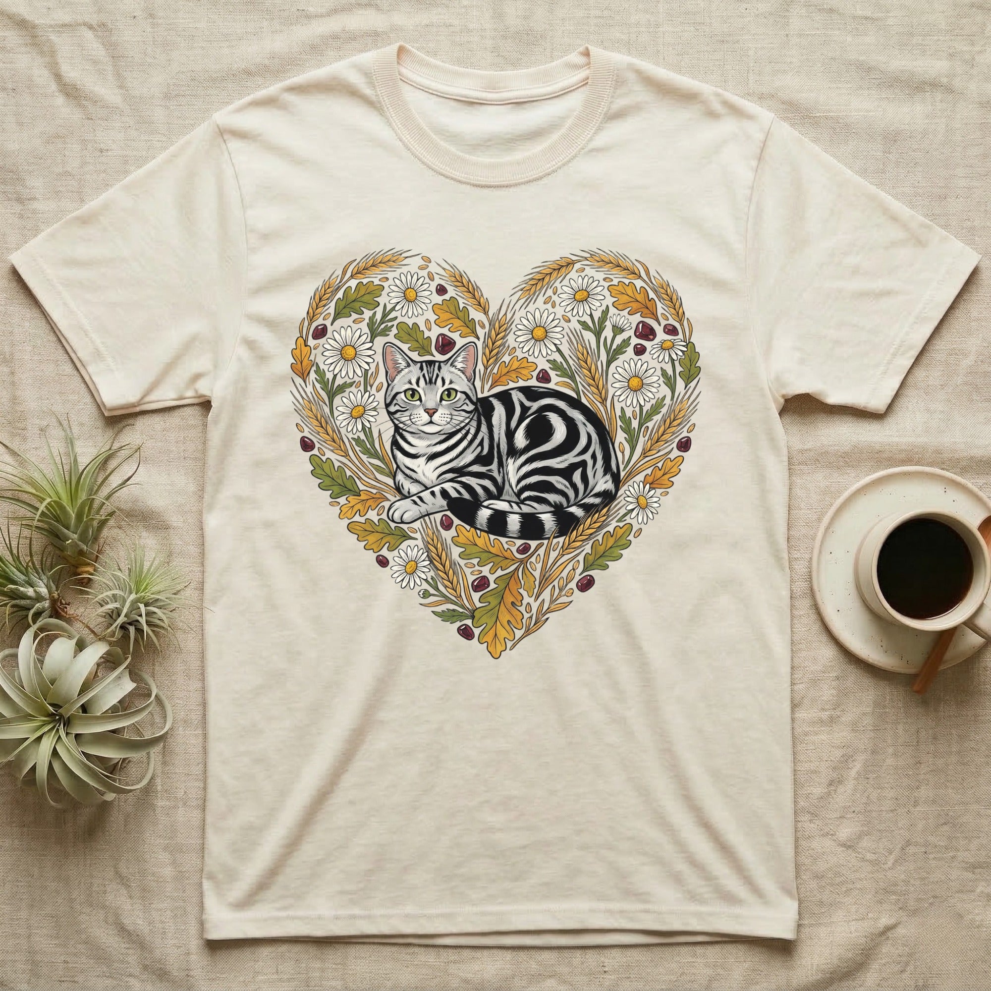 Cream t-shirt with a stylized cat illustration framed by a heart of wheat and flowers.