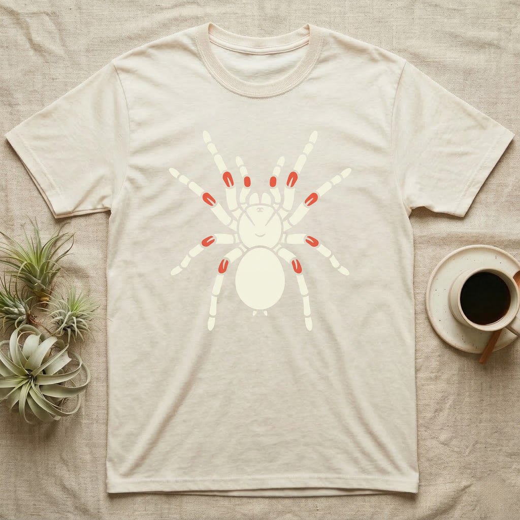 Beige t-shirt with cream spider graphic featuring red leg accents.