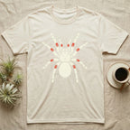 Beige t-shirt with cream spider graphic featuring red leg accents.