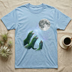 Giant Day Gecko Moon Howl T-Shirt in Light Blue — Three Giant Day Gecko colour morphs howling at a full moon over a nebula on a dark grey t-shirt.
