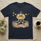 Frilled Lizard Outlaw T-Shirt in Navy — Frilled lizard as a Wild West outlaw in a cowboy hat and twin holsters, frill flared, on cracked desert ground.