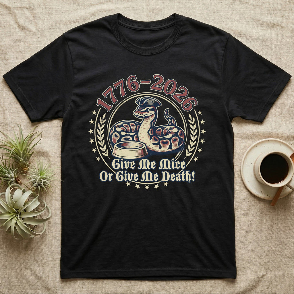 Ball Python 1776 T-Shirt in Black — Vintage distressed badge of a ball python in a feeding strike over a food dish, cream and brick-red emblem reading Give Me Mice Or Give Me Death.