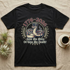 Ball Python 1776 T-Shirt in Black — Vintage distressed badge of a ball python in a feeding strike over a food dish, cream and brick-red emblem reading Give Me Mice Or Give Me Death.