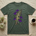 Green t-shirt with a leopard gecko on a branch with purple irises.