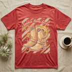 Golden Hour Gecko design on a red t-shirt with cowboy boots and a leopard.
