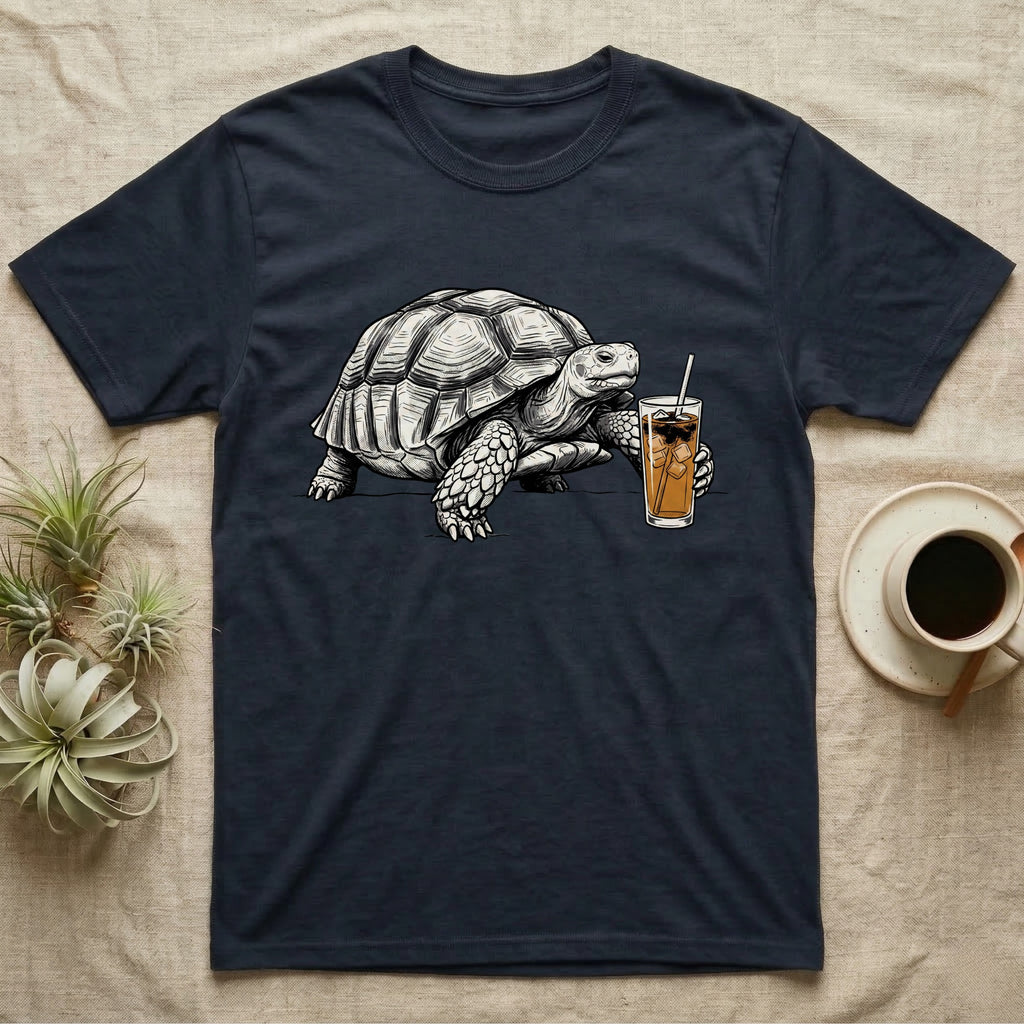 Slow Drip Tortoise T-Shirt in Navy — Flat meme-style illustration of a sulcata tortoise reaching slowly toward a tall iced slow-drip coffee.