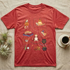 Bearded Dragon Halloween Sampler T-Shirt in Heather Red — Gouache sampler of ten bearded dragon Halloween vignettes — pumpkin costume, witch hat, red cape — on dark charcoal.
