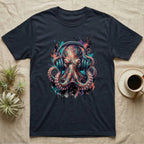 Dark t-shirt featuring a colorful octopus wearing headphones and splattered paint.