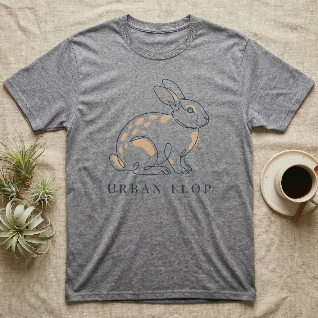 Grey t-shirt with a line-art rabbit and "URBAN FLOP" text.