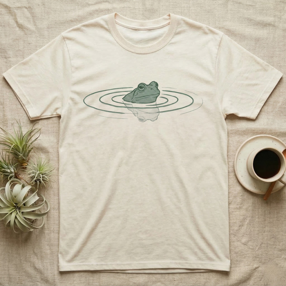 Minimal Swimming Frog T-Shirt in Natural — Minimal single-line illustration of a frog at the waterline with concentric ripple rings and vast negative space.