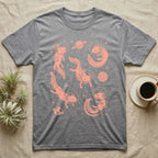 Axolotl Cosmic T-Shirt in Sport Grey — Vintage screen-print illustration of axolotls in astronaut helmets floating in space, soft coral monochromatic on dark background.