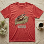 Franklin Isopod Tank T-Shirt in Heather Red — Impasto oil-painting portrait of an isopod on a leaf with an engraved Franklin name-plate beneath the subject.