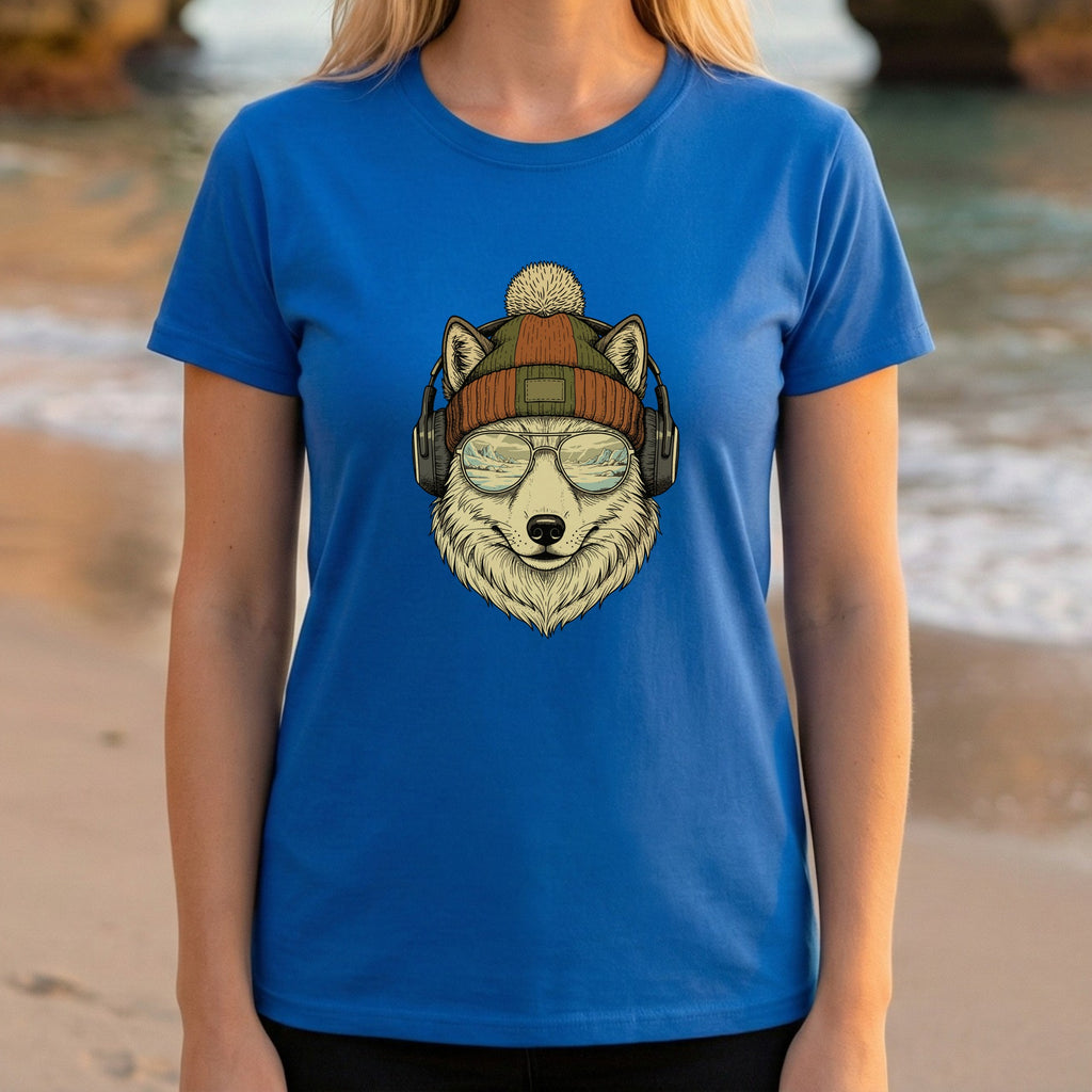 Cool Wolf With Headphones And Beanie Graphic Shirt
