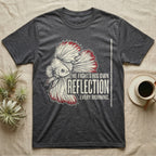 Betta Fights His Reflection T-Shirt in Dark Heather — Grunge-distressed betta in full flare display with red fin accents and type "He Fights His Own Reflection Every Morning."