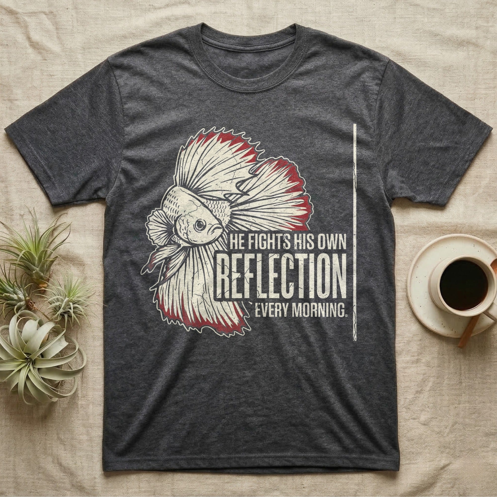 Betta Fights His Reflection T-Shirt in Dark Heather — Grunge-distressed betta in full flare display with red fin accents and type "He Fights His Own Reflection Every Morning."
