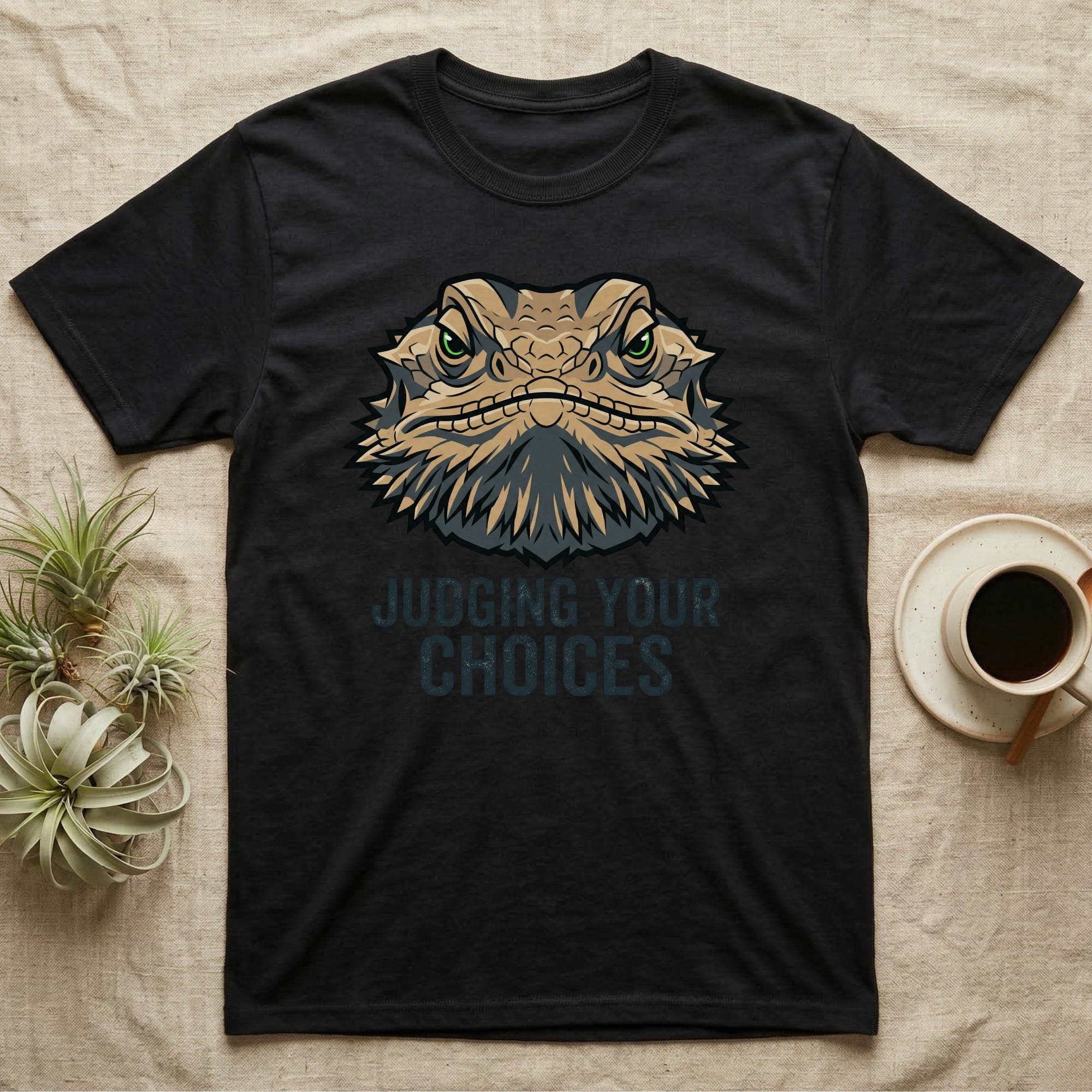 Black t-shirt with a judgmental bearded dragon graphic and text.