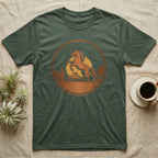 Green t-shirt with a circular desert scene featuring a horse at sunset.