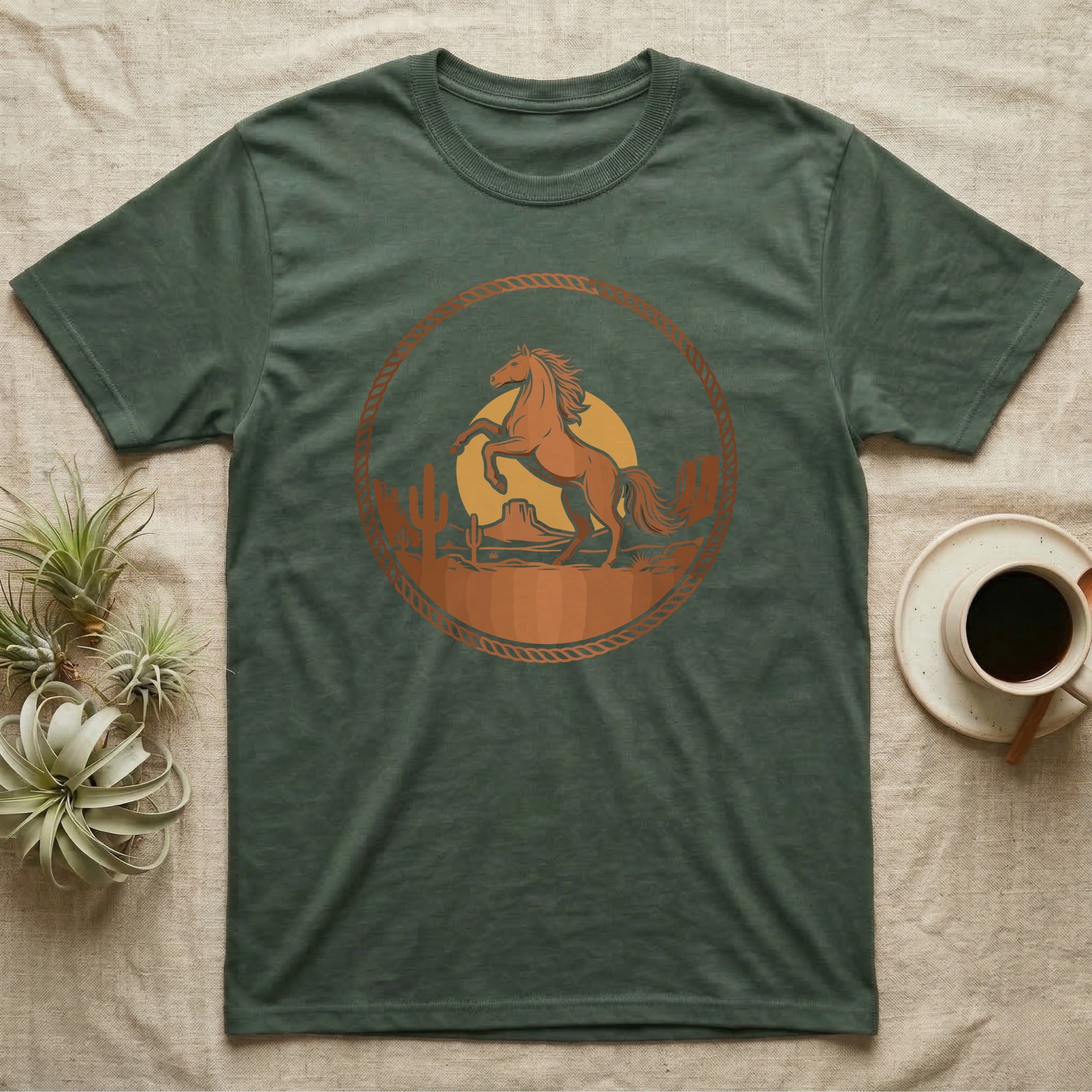 Green t-shirt with a circular desert scene featuring a horse at sunset.