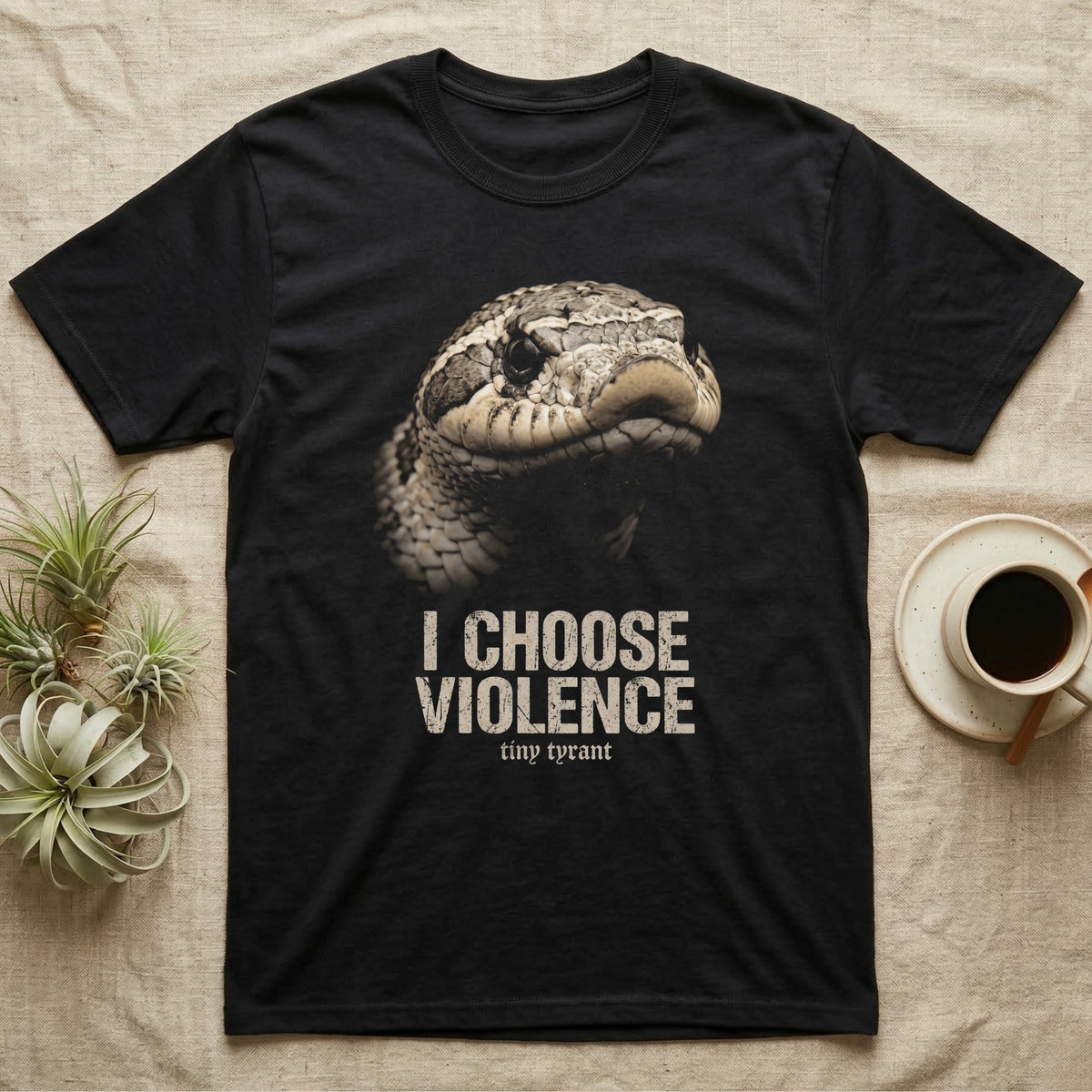 Hognose Snake Choose Violence T-Shirt in Black — Western hognose snake three-quarter mug shot in coarse cream halftone with I CHOOSE VIOLENCE text on black