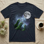 Giant Day Gecko Moon Howl T-Shirt in Navy — Three Giant Day Gecko colour morphs howling at a full moon over a nebula on a dark grey t-shirt.