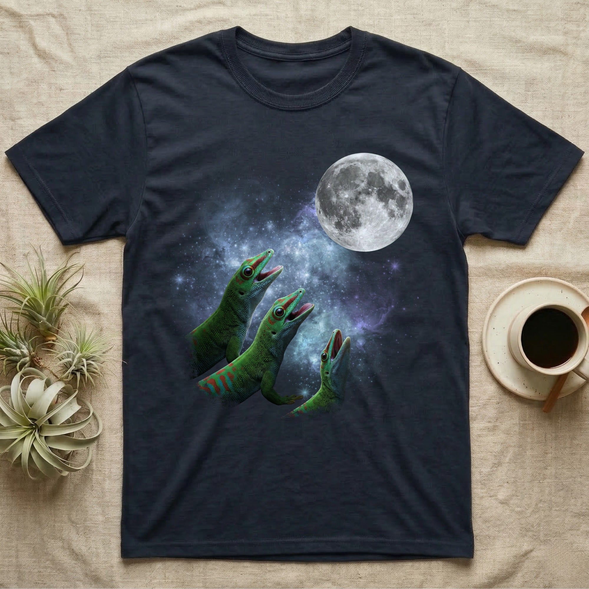 Giant Day Gecko Moon Howl T-Shirt in Navy — Three Giant Day Gecko colour morphs howling at a full moon over a nebula on a dark grey t-shirt.