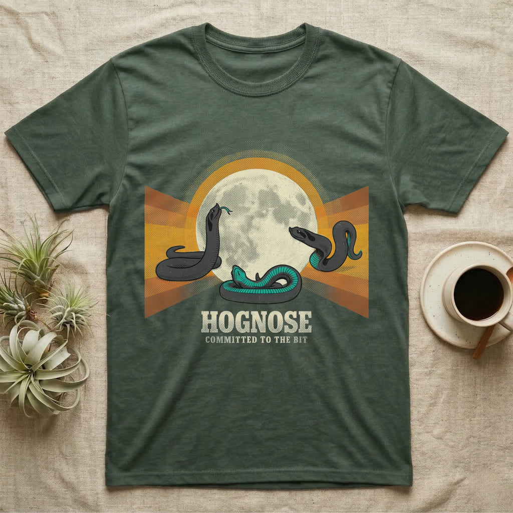Three Hognose Moon Tee in Military Green — Retro-illustration of three western hognose snakes in distinct death-feign poses around a stratified halftone full moon.