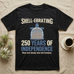 Sea Turtle Liberty Bell T-Shirt in Black — Slate-blue and cream tee of a sea turtle whose shell is drawn as the Liberty Bell under Shell-Ebrating 250 Years text.