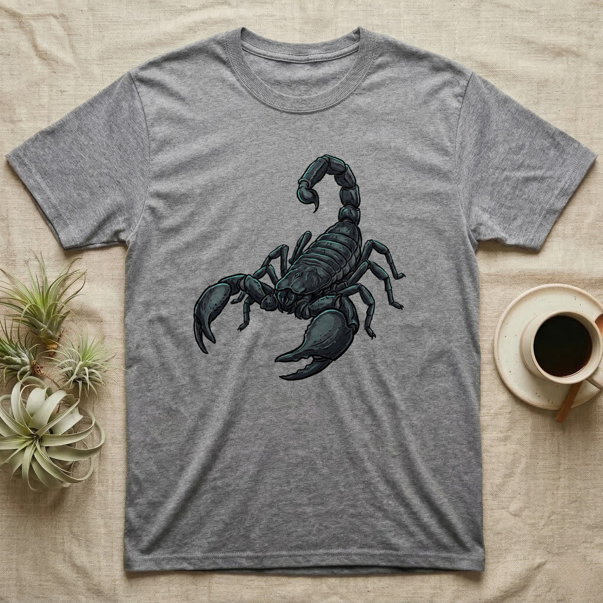 Glowing Emperor Scorpion T-Shirt in Sport Grey — Bold flat illustration of an emperor scorpion traced with a glowing blacklight-teal UV rim on a grey background.