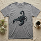 Glowing Emperor Scorpion T-Shirt in Sport Grey — Bold flat illustration of an emperor scorpion traced with a glowing blacklight-teal UV rim on a grey background.