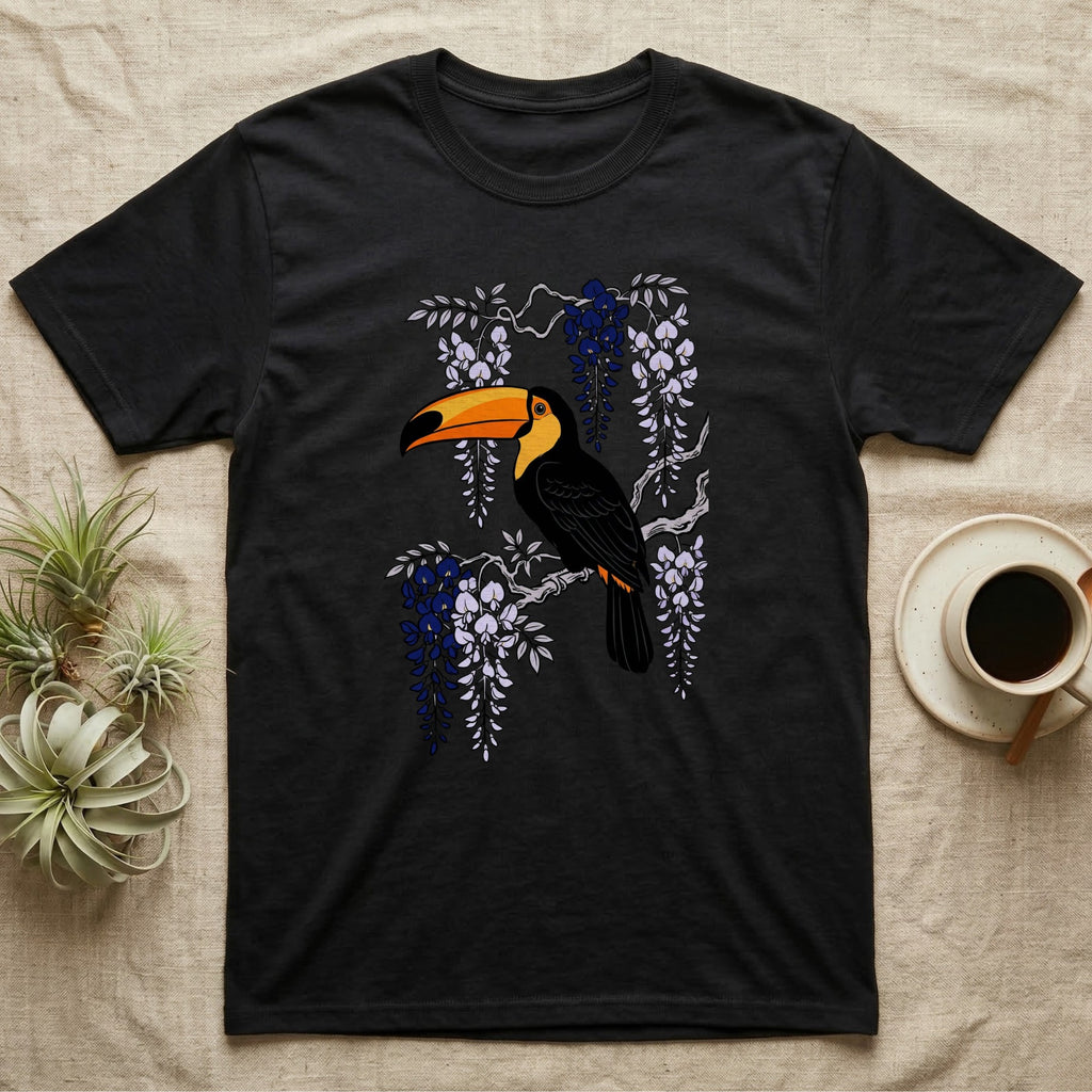 Black t-shirt with toucan and wisteria floral design.
