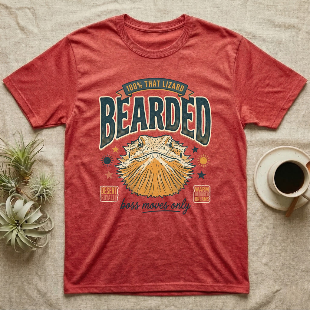 Red t-shirt with "BEARDED" text, lizard graphic, and "Boss moves only" slogan.