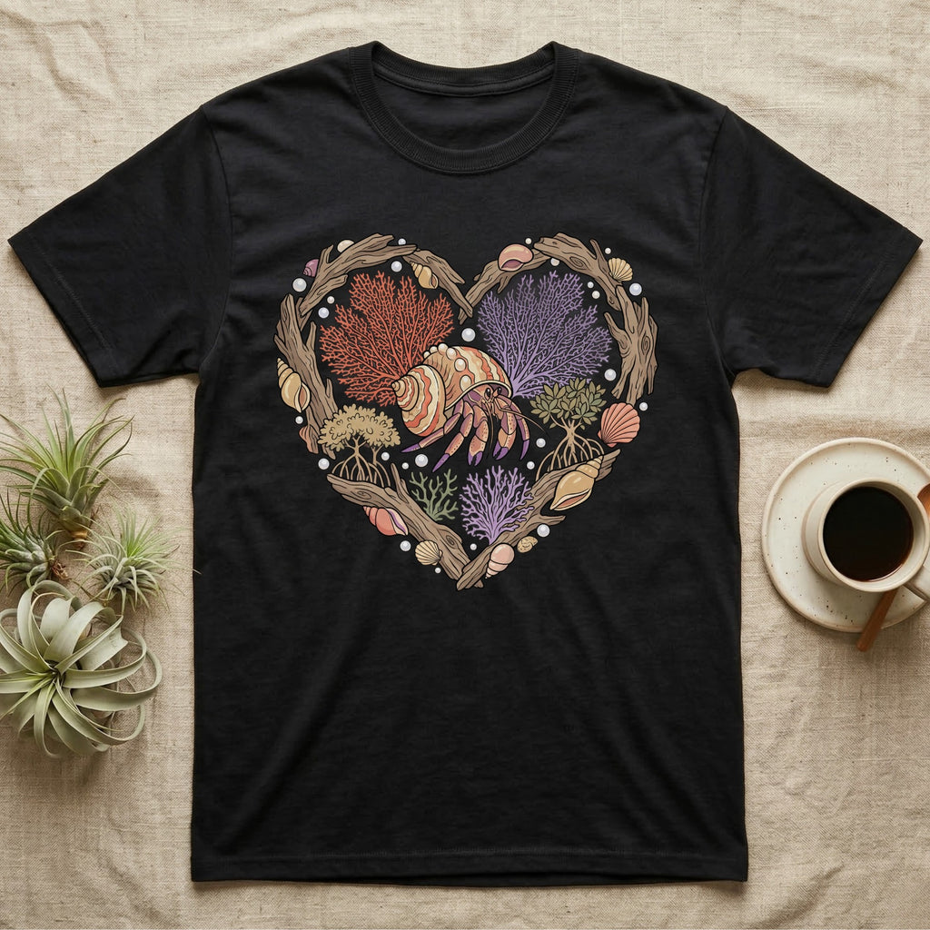 Black t-shirt with a heart-shaped design of shells, coral, and a hermit crab.