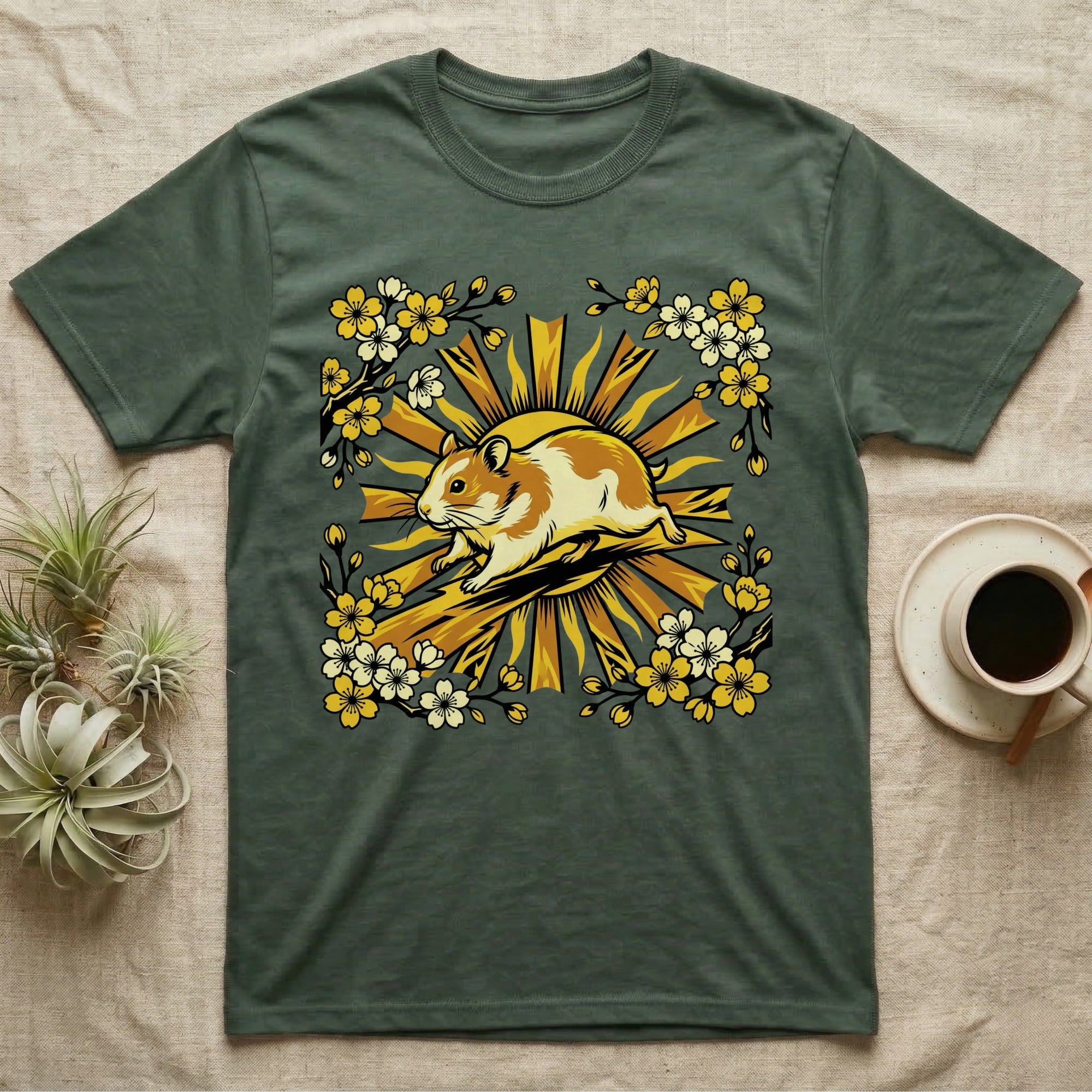 Hamster with sunburst and floral border on a dark green t-shirt.