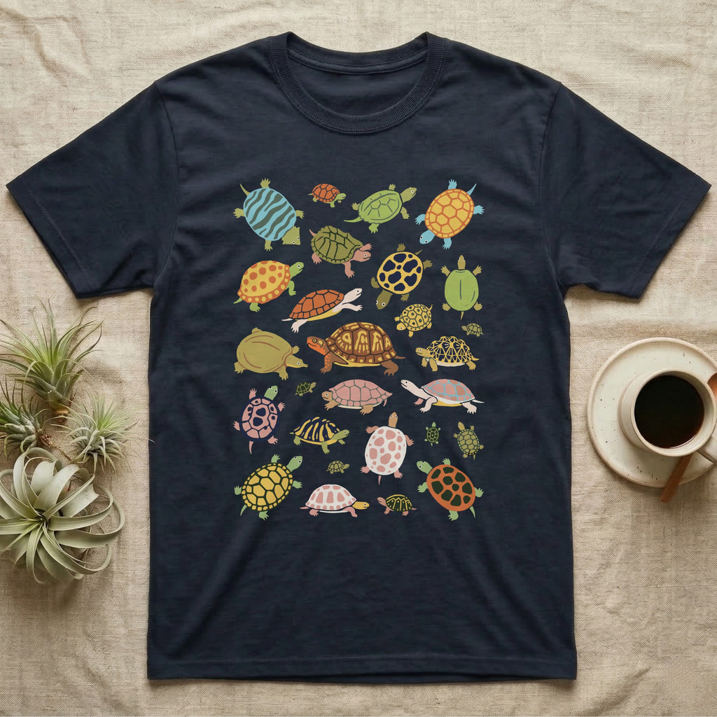 Box Turtle Specimen Plate T-Shirt in Navy — Twenty-five turtles and tortoises painted flat in chalky colour, scattered across grey, each facing a different way.