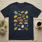 Box Turtle Specimen Plate T-Shirt in Navy — Twenty-five turtles and tortoises painted flat in chalky colour, scattered across grey, each facing a different way.