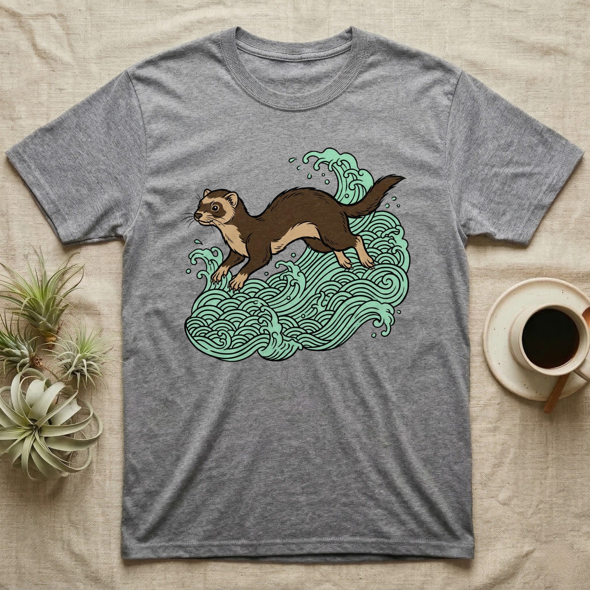 Grey t-shirt with illustration of a ferret in green waves.