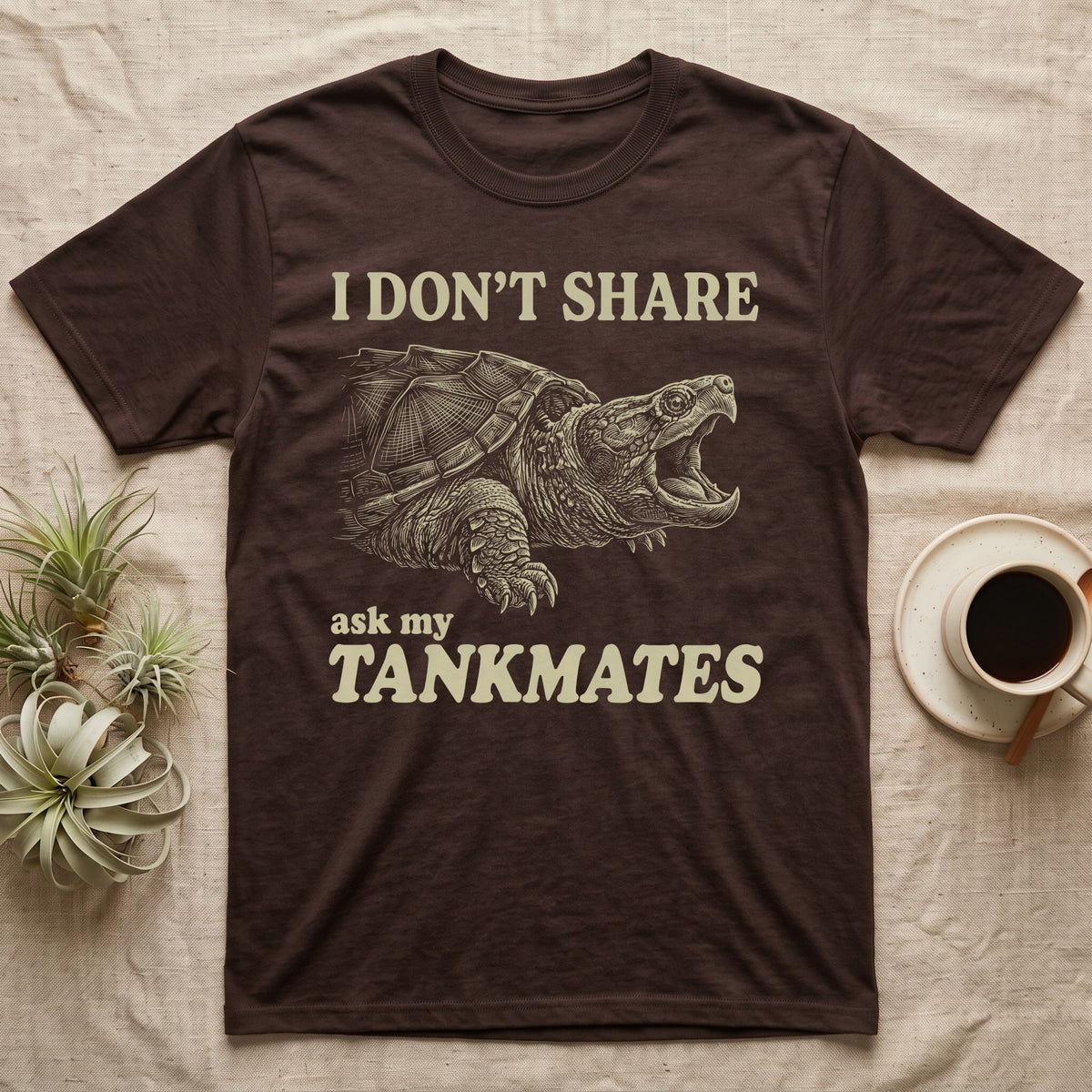 Snapping Turtle Gape T-Shirt in Dark Chocolate — Cream engraved snapping turtle on black, beak wide open, under cream words: I DON'T SHARE, ask my TANKMATES