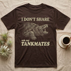 Snapping Turtle Gape T-Shirt in Dark Chocolate — Cream engraved snapping turtle on black, beak wide open, under cream words: I DON'T SHARE, ask my TANKMATES