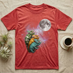 Veiled Chameleon Moon Howl T-Shirt in Heather Red — Three Veiled Chameleon colour morphs howling at a full moon over a nebula on a dark grey t-shirt.