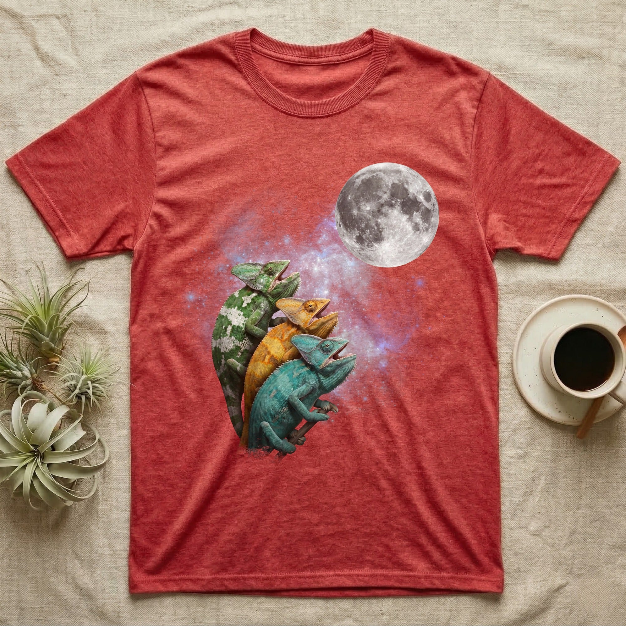 Veiled Chameleon Moon Howl T-Shirt in Heather Red — Three Veiled Chameleon colour morphs howling at a full moon over a nebula on a dark grey t-shirt.