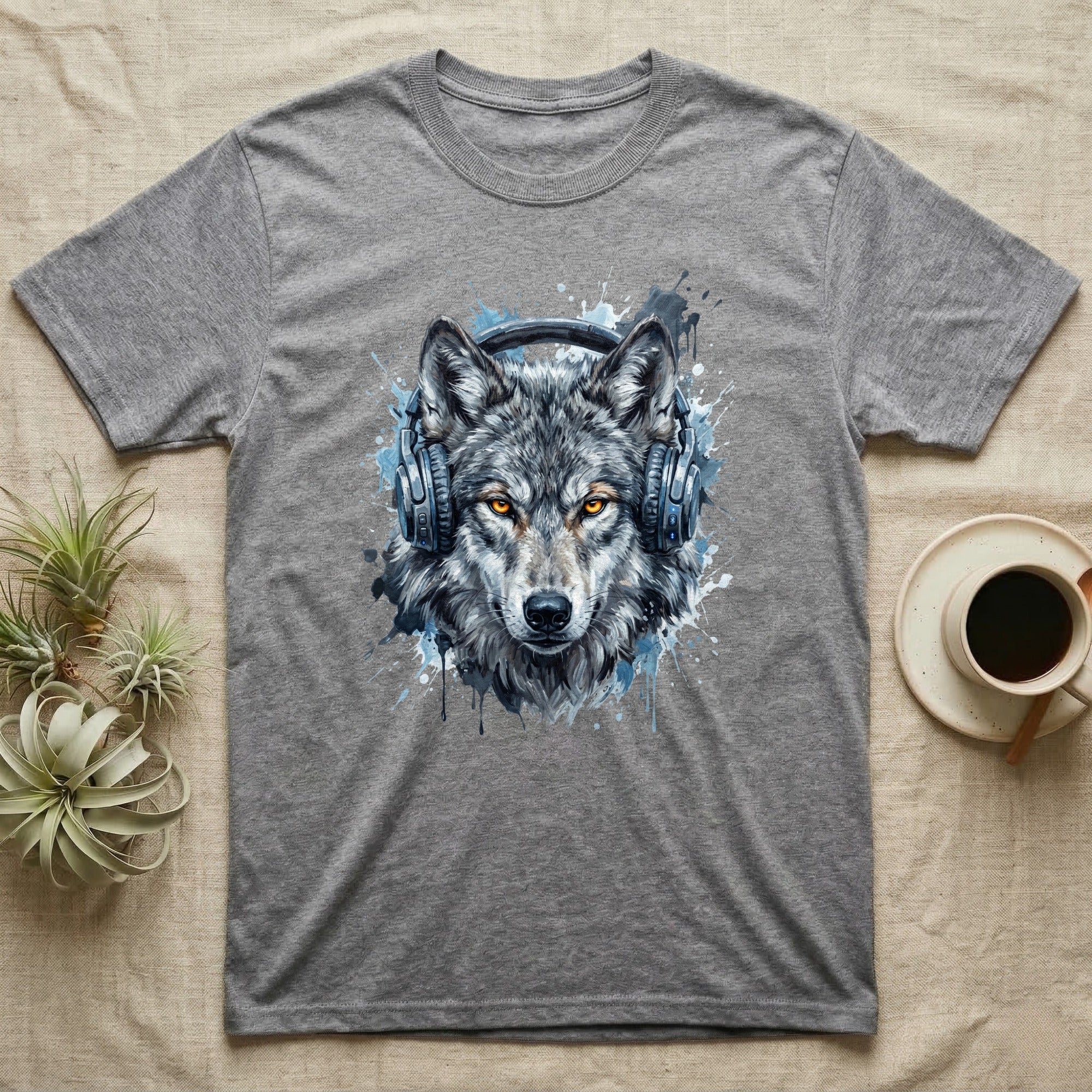 Wolf head with headphones graphic on a grey t-shirt.