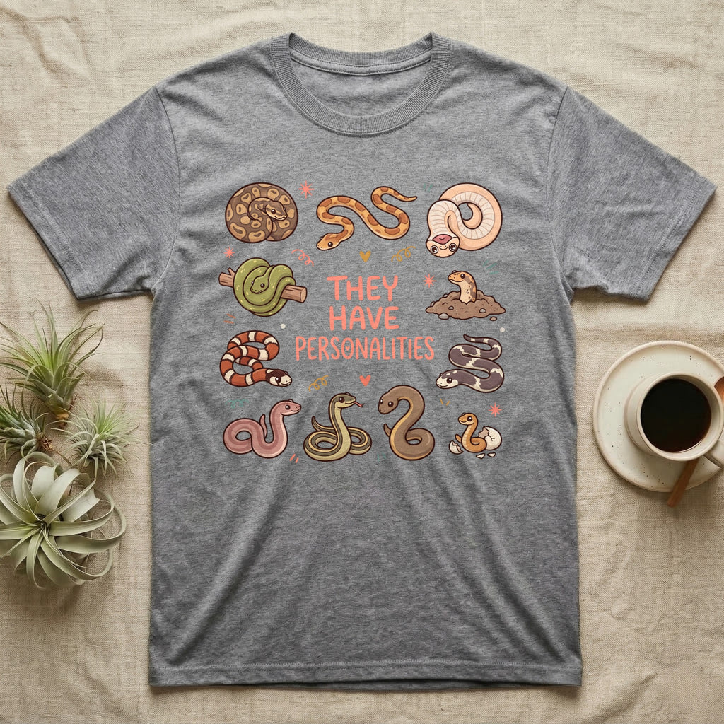 Snake Keeper Personalities T-Shirt in Sport Grey — Outline illustration of five snakes in different postures scattered around hand-lettered script on grey.