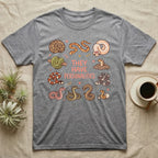 Snake Keeper Personalities T-Shirt in Sport Grey — Outline illustration of five snakes in different postures scattered around hand-lettered script on grey.