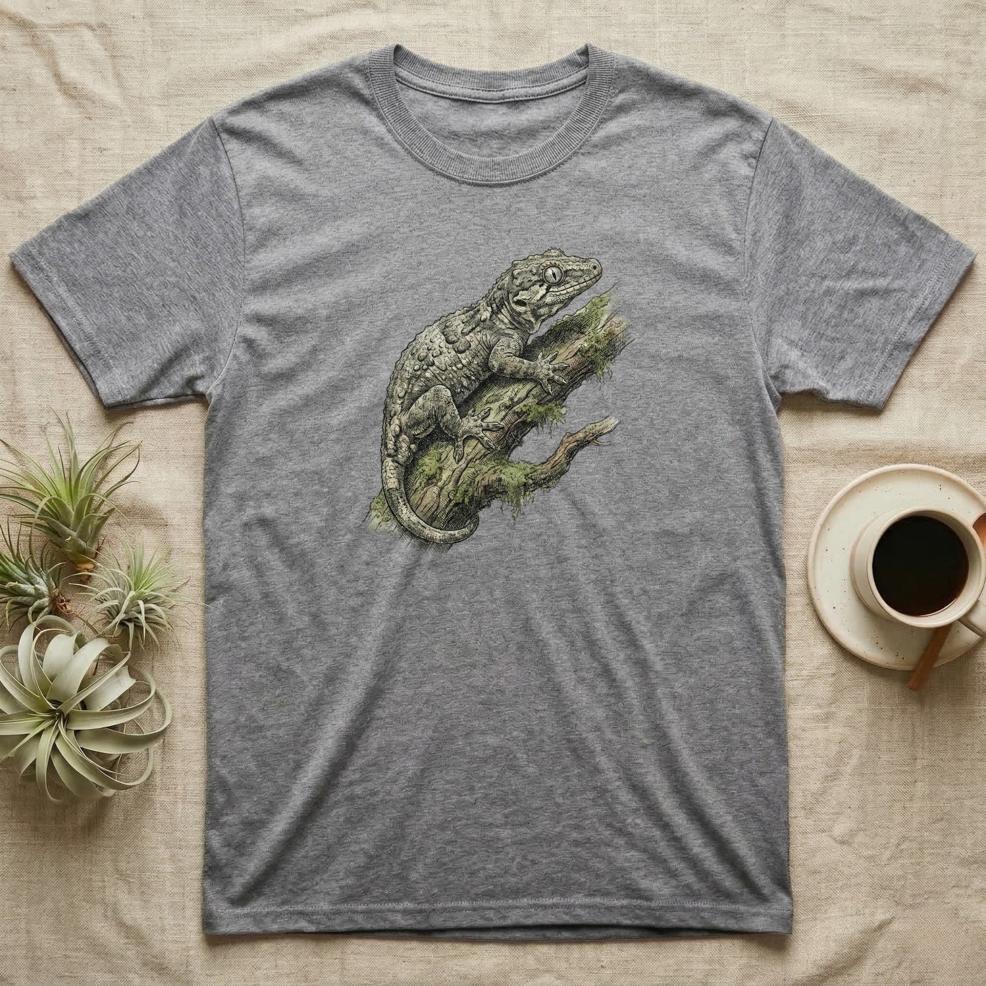 Grey t-shirt featuring a detailed illustration of a gecko on a mossy branch.